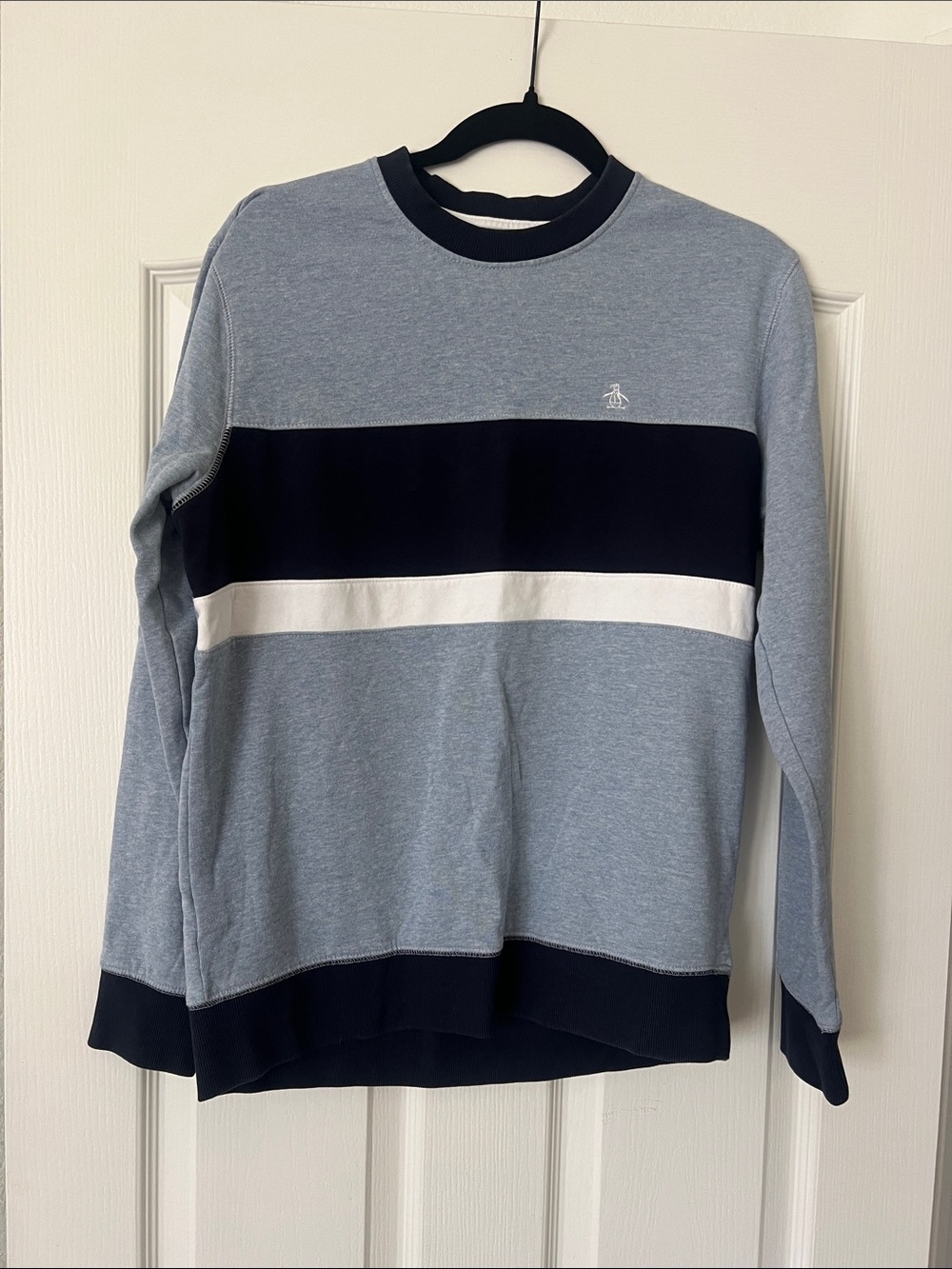 Original Penguin Light Blue Crewneck Sweater with Navy and White Stripes